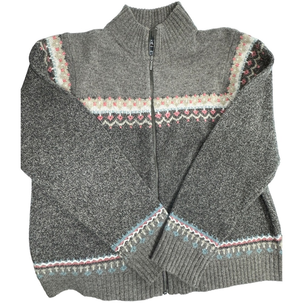 Woolrich Fair Isle Lambs Wool Sweater Brown Full Zip Cardigan Size Medium Petite